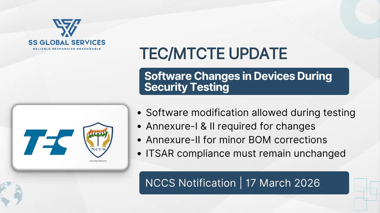 NCCS notification 2026 allowing software changes during MTCTE security testing with Annexure I and II compliance